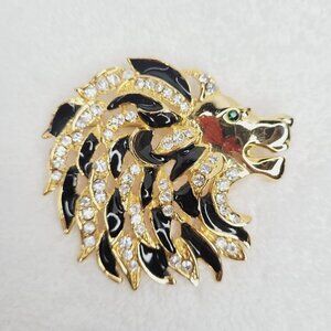 Vintage Unsigned LION HEAD Rhinestones Black ENAMEL Brooch Green Eye Sparkle BIG